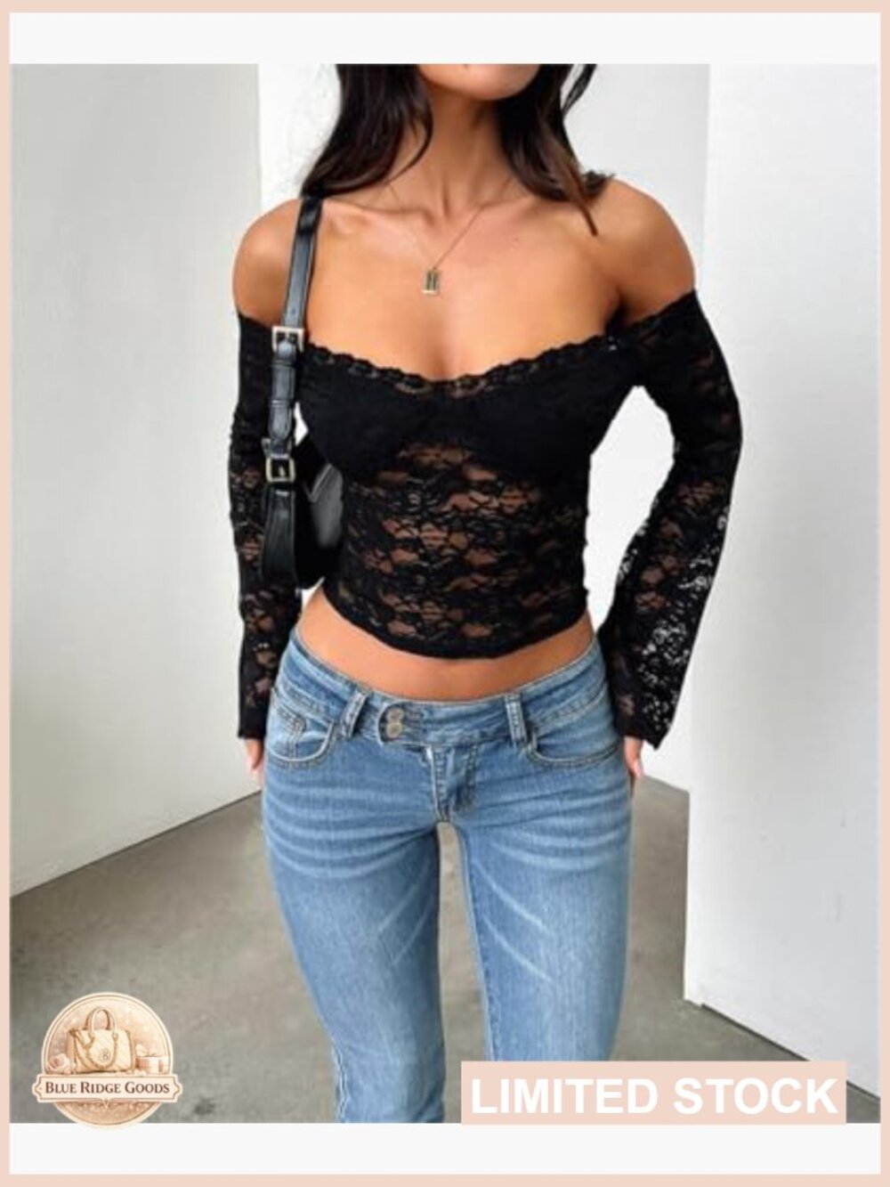 Off Shoulder Floral Lace Crop Top Long Sleeve See Through Backless Going Out - Picture 5 of 7